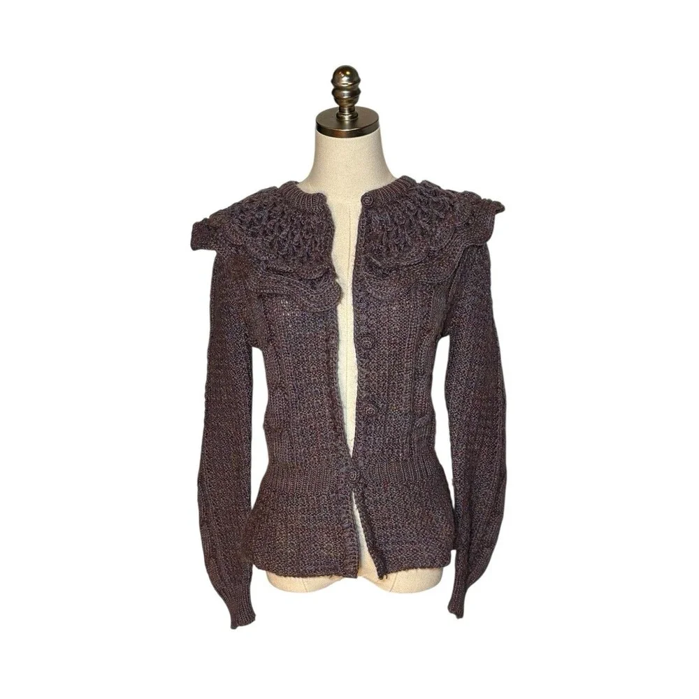 Samantha Starr Wool Blend Sweater Purple Button Ruffle Collar M